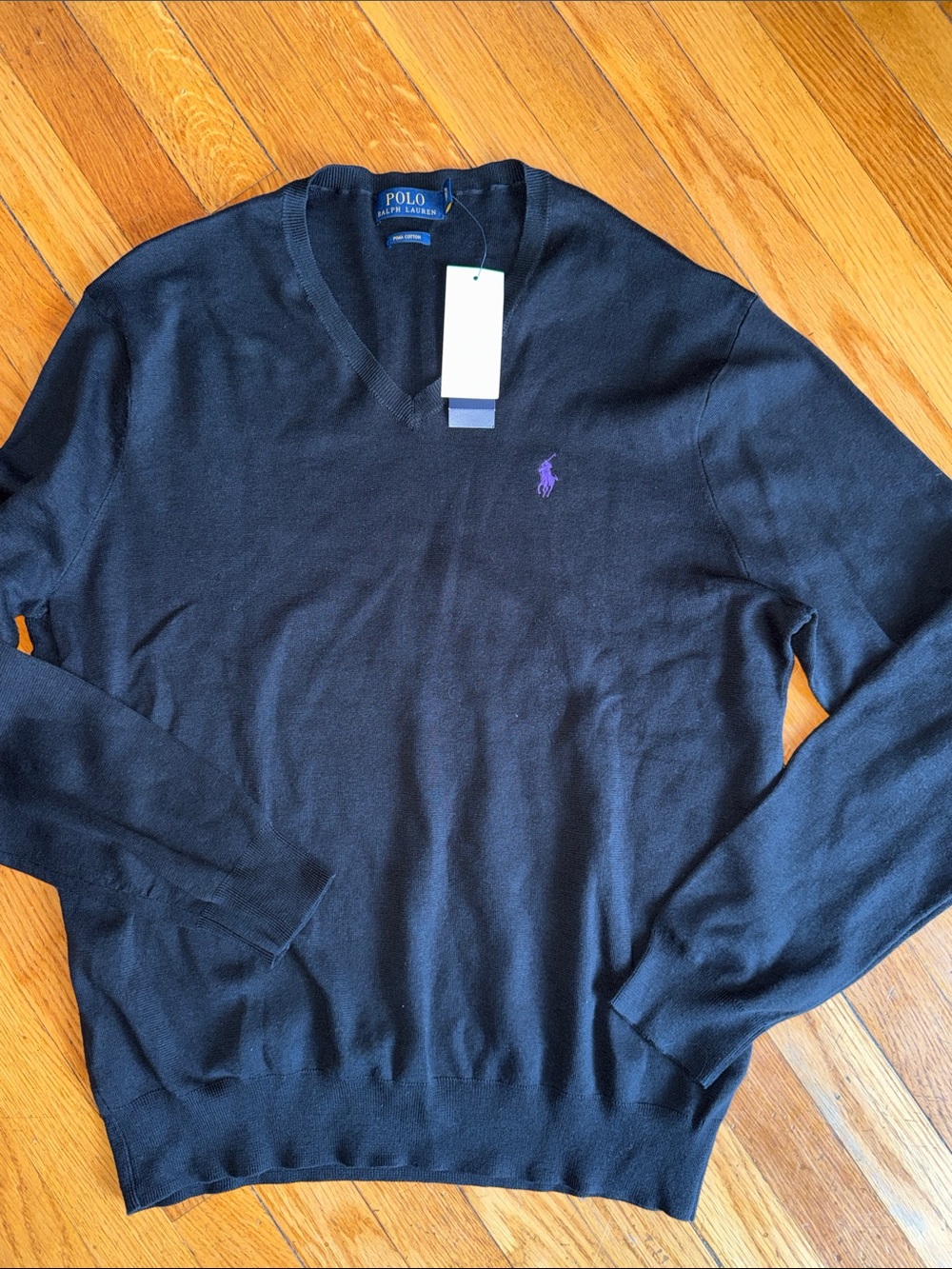 NWT Polo Ralph Lauren men's Black V-Neck Sweater with Purple Pony L Pima cotton